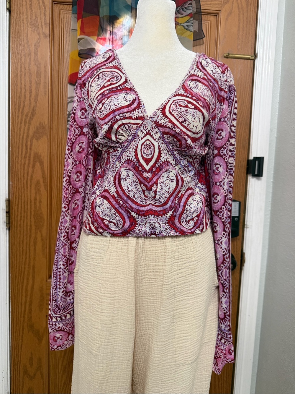 Free People Pink Paisley V-Neck Long Sleeve Top